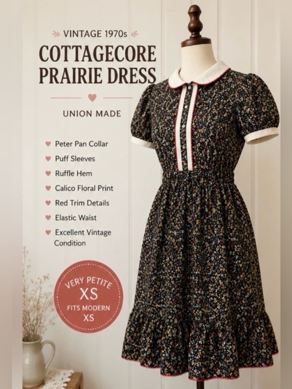 Vtg 1970s -Union Made -Cottagecore Prairie Dress W/Peter Pan Collar Black Floral